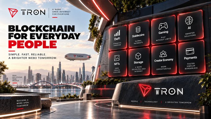 TRON promotional graphic titled 'BLOCKCHAIN FOR EVERYDAY PEOPLE' showcasing categories like DeFi, Stablecoins, Gaming, AI, NFTs, Storage, Creator Economy, and Payments against a futuristic cityscape.
