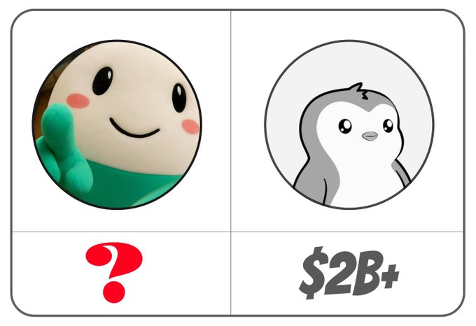 A two-panel comparison image showing a round green and white smiley character on the left marked with a red question mark, and a penguin character on the right labeled '$2B+'.