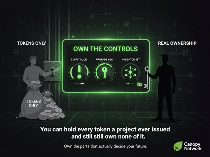 The image features a poster with three different people standing next to each other against a black background. The first person is holding a key, while the second person has a bag of coins. The third person appears to be a man wearing a suit, possibly representing a character from a video game or movie. The poster also includes text that reads "OWN THE CONTROLS" and "You can hold every token a project ever issued and still own none of it". This message seems to be related to the concept of virtual currency and how people can potentially own tokens for projects they have completed, even if they haven't physically received any physical tokens.