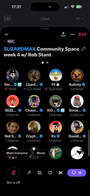 A screenshot of a mobile phone shows a Twitter/X Spaces audio chat titled 'SLIZARDMAX Community Space week 4 w/ Rob Stant' with various listener avatars displayed.