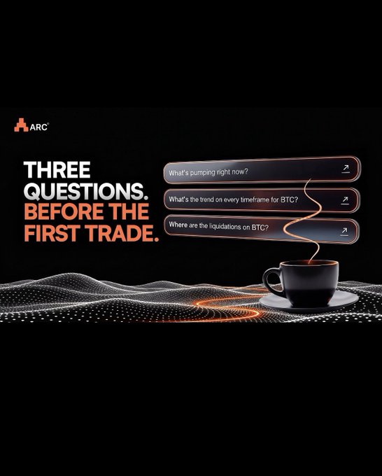 An ARC promotional graphic reads “THREE QUESTIONS. BEFORE THE FIRST TRADE.” and asks what is pumping, the BTC trend on every timeframe, and where BTC liquidity pools are, beside a coffee cup and digital wave design.