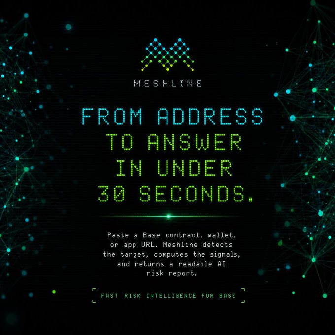 The image features a dark background with green dots scattered throughout. The text "From Address to answer in under 30 seconds" is displayed above the dots, while the phrase "Fast risk intelligence for base" is written below the dots. The image also contains a code that reads "base ca 0xe51190b973f32024c41471cc71c22c1f97e76b07 We built the Base-native risk intelligence layer for contracts, wallets, apps, and agents."