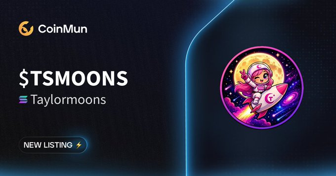 A CoinMun promotional graphic announces the new listing of $TSMOONS (Taylormoons), featuring the platform's logo and a vibrant illustration of a pink-haired anime-style character riding a rocket through a cosmic scene, with a "New Listing" badge highlighting the announcement.