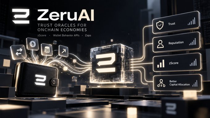 A futuristic dark-toned infographic for ZeruAI, a "Trust Oracle for Onchain Economies," featuring a glowing central cube logo connected by data streams to icons representing zScore, Wallet Behavior APIs, and Zapps, alongside key feature callouts for Trust, Reputation, zScore, and Better Capital Allocation — visually reinforcing the post's emphasis on transforming wallet behavior into actionable onchain trust and reputation signals.