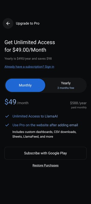 A dark-themed mobile app subscription screen showing 'Upgrade to Pro' for 'Get Unlimited Access for $49.00/Month' with a 'Subscribe with Google Play' button.