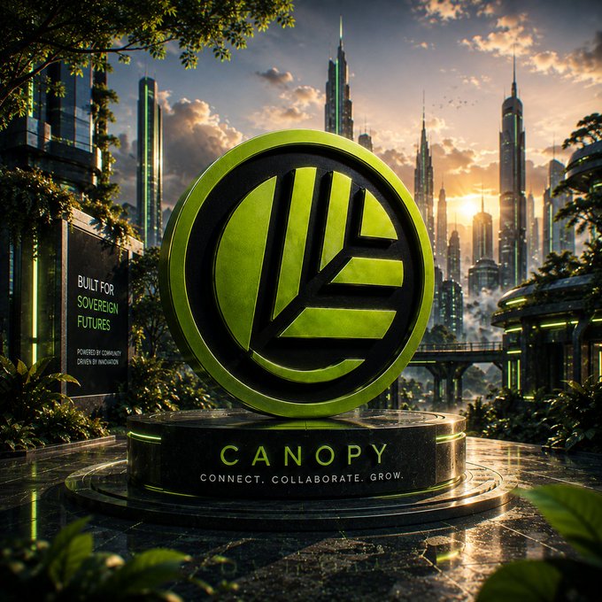 A futuristic cityscape featuring a large green circular emblem with a leaf design and the word "CANOPY" below it, with the tagline "CONNECT. COLLABORATE. GROW."