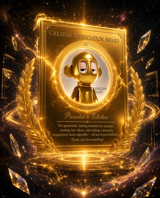 An ornate golden 'Creator Appreciation Award' plaque presented to 'Edizian,' featuring a gold monkey mascot, golden laurel wreaths, and sparkling energy against a cosmic background.