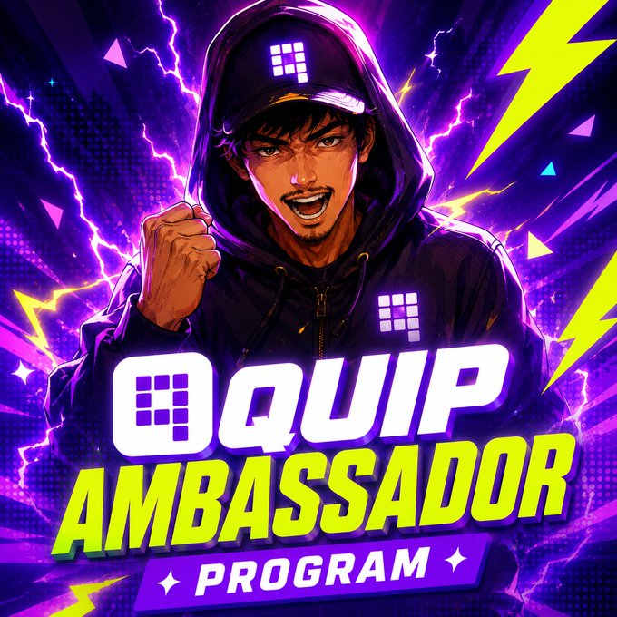 Vibrant purple and yellow graphic for the "QUIP AMBASSADOR PROGRAM" featuring an anime-style character in a hoodie with clenched fist, set against lightning bolts.