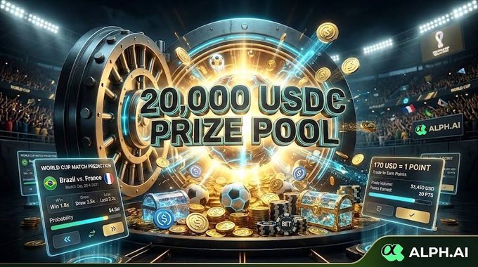 A promotional graphic advertises a '20,000 USDC PRIZE POOL' on ALPH.AI, featuring World Cup match prediction interface for Brazil vs. France with betting odds and a casino-style background.