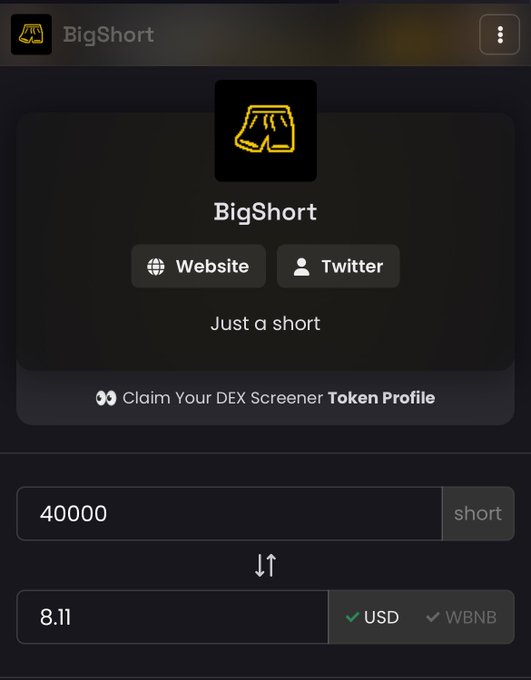 The image shows a trading interface for a token called "BigShort" with its logo and social links (Website, Twitter), where users can claim a DEX Screener Token Profile by converting 40,000 SHORT tokens to 8.11 USD/WBNB. The accompanying post provides a step-by-step guide on claiming a Solana wallet and entering an EVM wallet address, suggesting this interface is part of an airdrop claim process for the BigShort token.