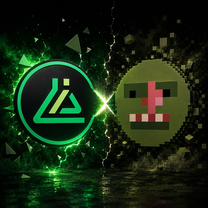 A dramatic graphic showing a green LCX (cryptocurrency exchange) logo clashing with a pixelated zombie/ogre head, set against a dark background with shattered debris and electric effects.