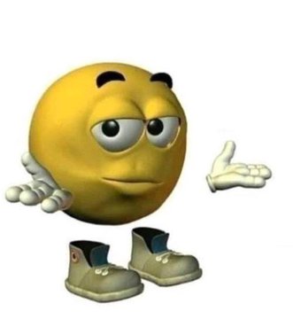 3D rendered yellow smiley face emoji character with arms, hands, and gray boots in a shrugging pose against a white background.