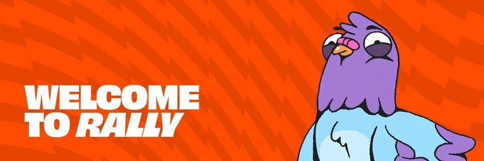 The image features an orange banner with white text that reads "Welcome To Rally" at the top, followed by a cartoon bird wearing a blue shirt and sunglasses. The bird appears to be looking directly at the camera, giving off a friendly vibe. The background of the image is a gradient of orange and red colors, which complements the overall design of the banner. The text on the banner also mentions that there are "Top-tier art, a hardcore community, and real utility!!". This suggests that the rally might be an event or platform where artists can showcase their work and engage with like-minded individuals who appreciate and value creativity and artistic expression.