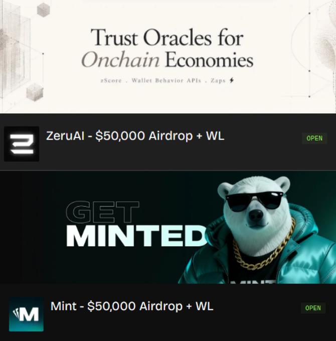 A webpage screenshot showing "Trust Oracles for Onchain Economies" at the top, followed by two promotional banners for crypto airdrops: "ZeruAI - $50,000 Airdrop + WL" and "Mint - $50,000 Airdrop + WL" featuring a bear wearing sunglasses and a gold chain with "GET MINTED" text.