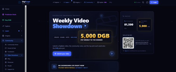 A screenshot of the Digiscope website featuring a 'Weekly Video Showdown' competition with a 5,000 DGB prize pool, including pot statistics (81,500 contributors, 5,000 DGB top weekly winner) and a QR code for contributions.