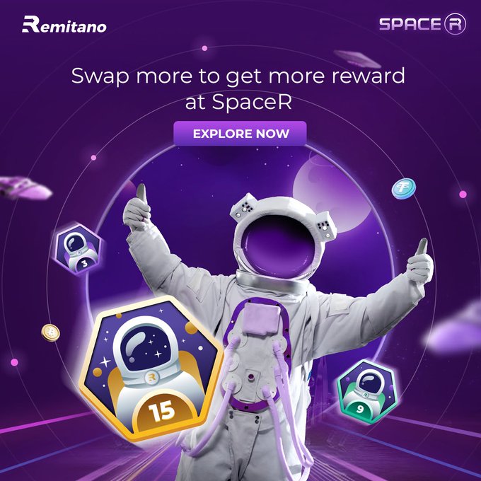 The image features an illustration of an astronaut wearing a white spacesuit standing against a purple background. The astronaut has their arms raised, giving off a sense of accomplishment or victory. Surrounding the astronaut are various coins scattered throughout the scene, with some placed in front and others behind them. In addition to this, there is text in the image that reads "Explore now. Discover more rewards at Remitano. Go", suggesting that the image might be related to an advertisement or promotion for a trading platform called "Remitano". The main focus of the image appears to be on the astronaut and their achievements or rewards in a virtual context, possibly indicating how they can potentially obtain more reward points through trading activities using this particular platform.