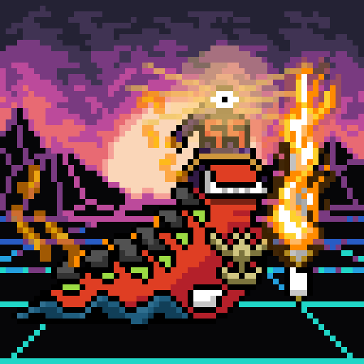 Pixel art of a skeletal, frog-like character riding a wave in a vibrant sunset landscape, evoking a retro video game aesthetic.
