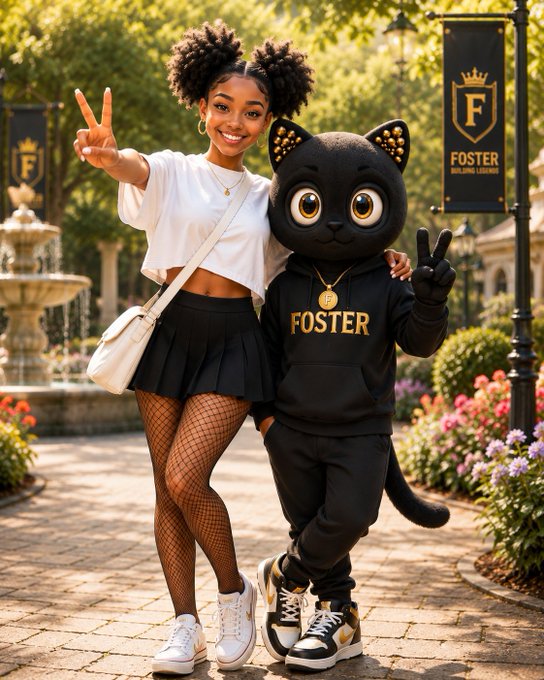 A young woman with curly pigtails posing with a peace sign next to a black cat mascot character wearing a 'FOSTER' hoodie, with 'FOSTER BUILDING LEGENDS' banners visible in the park-like background.