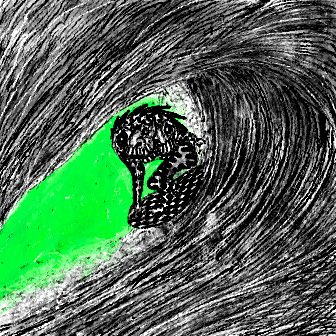 A black-and-white sketch depicts a large, shadowy reptilian eye with a narrow vertical pupil, set against a bright green background.
