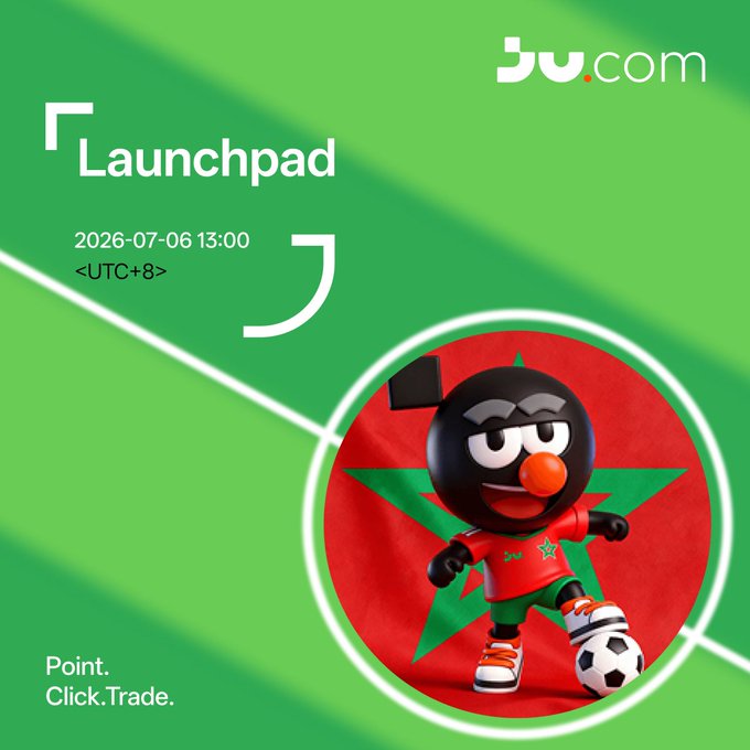 A green promotional graphic for BW.com Launchpad dated 2026-07-06 13:00 (UTC+8), featuring a cartoon black mascot character in a red soccer jersey with a Moroccan flag background, with the tagline 'Point. Click. Trade.'