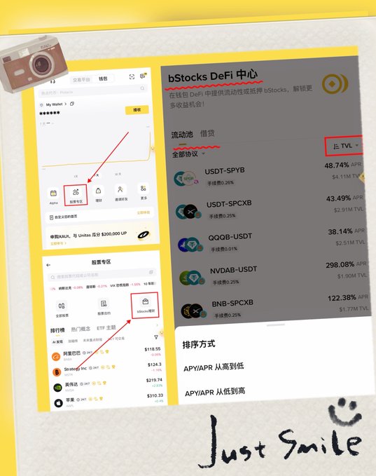 The image shows two Binance Wallet interface screenshots highlighting the bStocks DeFi center, which displays various liquidity pools (流动池) and lending (借贷) options including USDT-SPYB, USDT-SPCXB, QQOB-USDT, NVDAB-USDT, and BNB-SPCXB, with APY rates ranging from 38.14% to 298.08% and TVL figures shown. Red arrows point to the "DeFi" tab in the wallet navigation and the "TVL" sorting option, emphasizing how users can access these yield-generating opportunities for their tokenized U.S. stocks beyond simply holding them.
