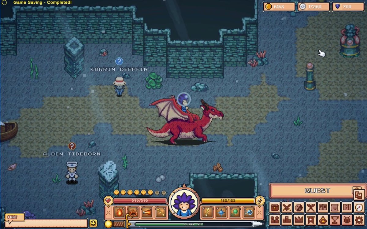 The screenshot showcases a player in the pixel-art RPG "Breath of Estova" riding a red Flying Dragon mount, with NPCs labeled "Korrin Deepfin" and "Alden Tideborn" in an underwater-themed area, displaying 6168 gold and 17260 silver currencies. This visually demonstrates the founder-exclusive Flying Dragon mount advertised in the promotional post, highlighting the in-game benefit of purchasing a Founder Pack for the upcoming public alpha launch.