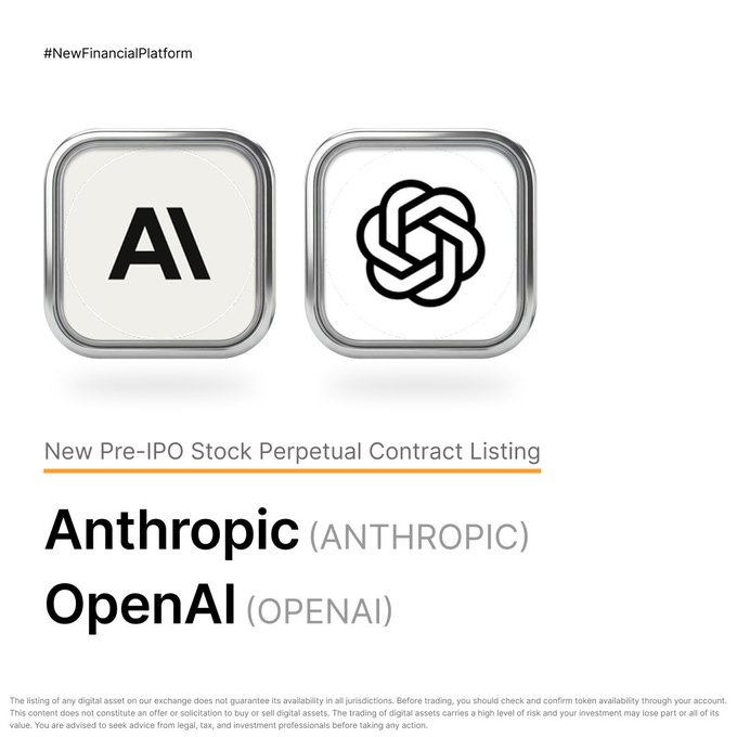 A Bybit promotional graphic announcing new pre-IPO perpetual contract listings for Anthropic (ANTHROPIC) and OpenAI (OPENAI), featuring metallic app-style icons for both AI companies above the listing details.