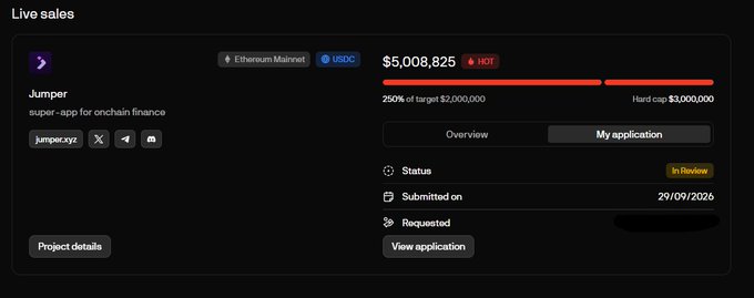 A Live sales dashboard showing a Jumper project on the Ethereum Mainnet that raised $5,008,825 (250% of its $2,000,000 target) in USDC, with status marked 'In Review' and submitted on 29/09/2026.