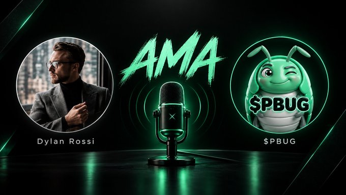 A promotional graphic for an AMA (Ask Me Anything) event featuring Dylan Rossi alongside the $PBUG (Pill Bug) cryptocurrency mascot, with a glowing microphone centerpiece against a neon green background. The design sets the stage for the October 1st discussion about the challenges of launching a new crypto project and the solutions $PBUG is building to combat scams and bots.