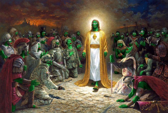 A religious-style painting depicting a central figure in golden robes surrounded by green-skinned soldiers in armor, resembling a Pepe meme scene.