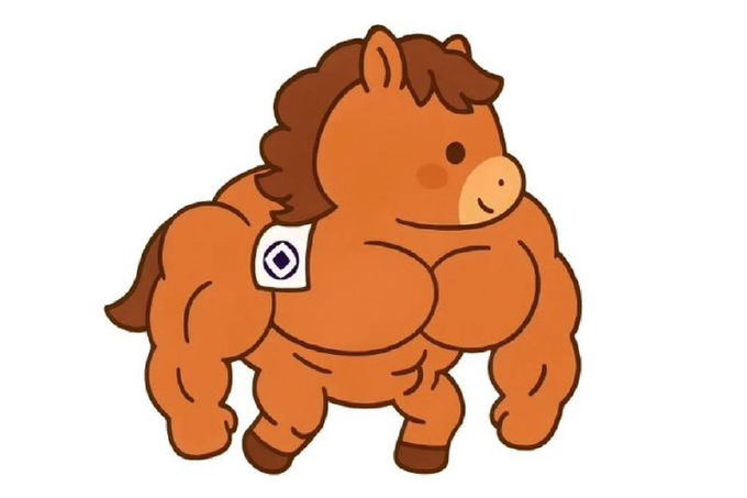 A cartoonishly muscular orange horse with a dark brown mane stands in an exaggerated bodybuilder pose, featuring a small white tag with a purple logo on its shoulder. The image visually represents the post's theme of strength and dominance in the crypto market, particularly highlighting the claim that "Cashcat reached a $200M market cap at ATH."