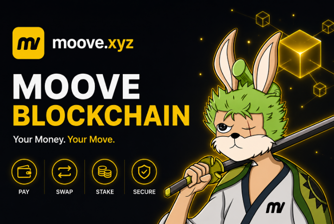 The image features a cartoon character dressed as a rabbit holding a sword, with text that reads "Moove Blockchain Your Money, Your Move." This suggests that Moove is focused on blockchain technology and its potential applications for financial services or other industries. The post also mentions the importance of infrastructure in adopting new technologies like blockchain.