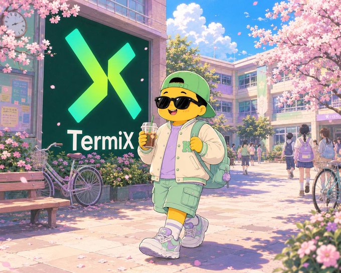 An anime-style illustration features a duck-like character in a green cap, sunglasses, and jacket holding a drink, with a 'TermiX' logo displayed on a large green sign behind them in a school courtyard.