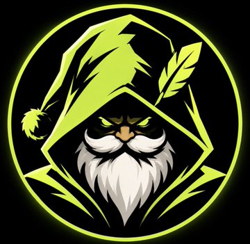 A digital illustration of a green-hooded, bearded wizard-like figure with glowing green eyes, rendered in a stylized green and black color palette within a circular frame.