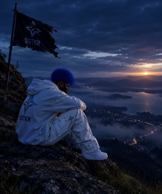 A person in a white 'SSTKR' tracksuit sits on a rocky cliff at sunset, with a matching 'SSTKR' flag flying nearby.