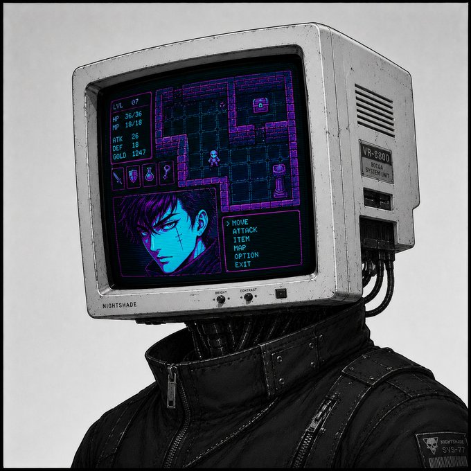 A cyberpunk-style digital artwork depicting a figure with an old CRT monitor (labeled VR-8800 and Nightshade) as its head, displaying an RPG game interface showing Level 07 character stats and a menu.