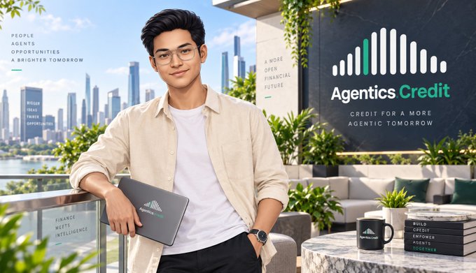 A young man holding a laptop stands on a balcony with a city skyline behind him, next to a billboard for 'AgenticsCredit' advertising 'CREDIT FOR A MORE AGENTIC TOMORROW' and 'PEOPLE AGENTS OPPORTUNITIES A BRIGHTER TOMORROW'.