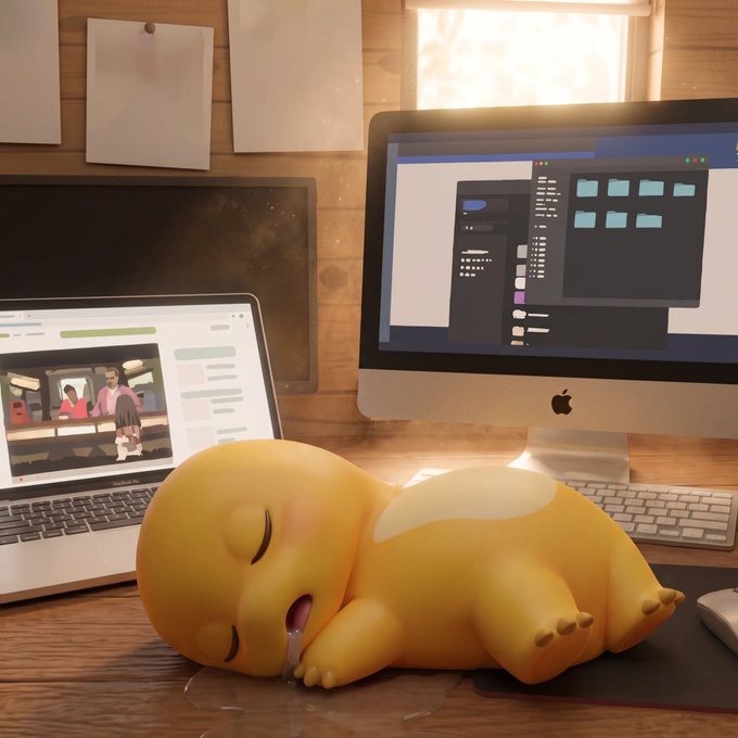 A 3D-rendered scene of a yellow cartoon creature (resembling a baby Charmander) sleeping on a wooden desk with drool, positioned between a laptop displaying a webpage and an iMac showing a video editing software interface.