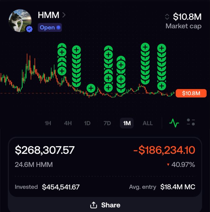 A crypto portfolio screenshot showing HMM token with a $10.8M market cap and a steep downward price chart, displaying an unrealized loss of -$186,234.10 (-40.97%) on a $454,541.67 investment, humorously marked with numerous green '+' symbols pointing to buy-in moments before the crash.