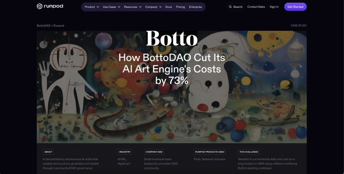 A Runpod case study webpage titled 'How BottoDAO Cut Its AI Art Engine's Costs by 73%,' featuring surrealist AI-generated art imagery.