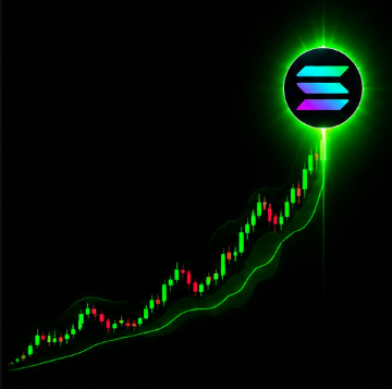 The image displays a Solana (SOL) candlestick chart on a black background, with green and red price bars trending sharply upward and highlighted by a glowing green outline, beneath the Solana logo. This visual emphasizes a bullish breakout, reinforcing the post's question about which Solana-based project could be the next to experience a 100x surge.