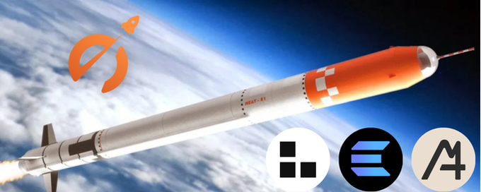 A digital illustration of a rocket launching into space with an orange flame trail, accompanied by a stylized orange logo and three cryptocurrency-related icons at the bottom.