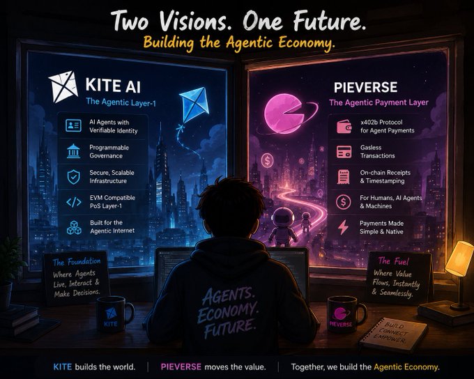 A promotional graphic titled 'Two Visions. One Future. Building the Agentic Economy' compares 'KITE AI - The Agentic Layer-1' featuring features like AI Agents and EVM Compatibility with 'PIEVERSE - The Agentic Payment Layer' featuring x402b Protocol and Gasless Transactions, showing a person working at a computer.