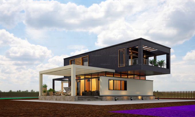 The image features an impressive modern house with a unique design, including two floors and a balcony on each level. The house has a black exterior and white trim, giving it a sleek and contemporary look. It's situated next to a fence, adding to its overall appeal. The house is surrounded by a lush green lawn, creating a serene and inviting atmosphere.