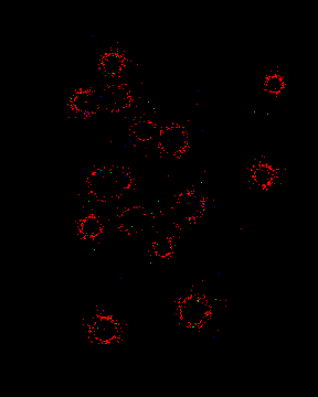 A dark minimalist composition featuring scattered small circular shapes made of red and blue dots against a black background.