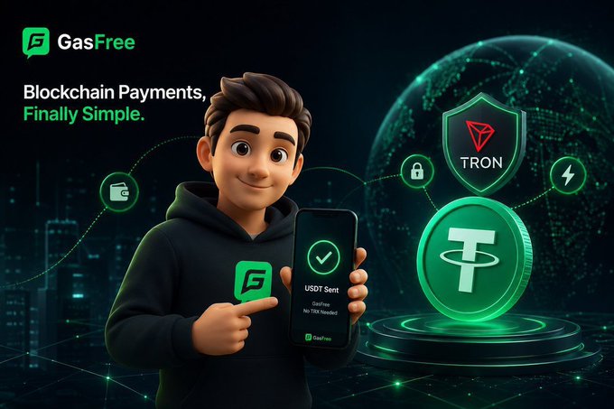 A promotional graphic for 'GasFree' featuring a cartoon character holding a smartphone showing a successful USDT transaction, with the tagline 'Blockchain Payments, Finally Simple.' and Tron branding.