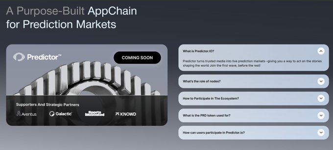 A website preview for 'Predictor.io' titled 'A Purpose-Built AppChain for Prediction Markets' with a 'COMING SOON' banner, listing supporters like Aventus, Galactic, and Sports Illustrated, alongside an FAQ section.