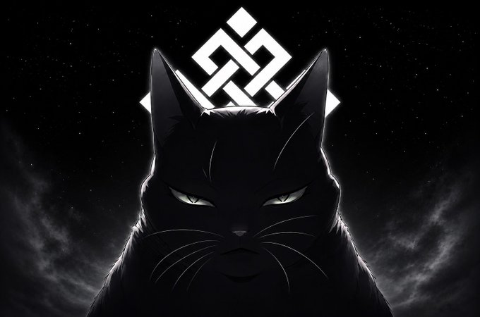 A black cat with glowing eyes against a dark, starry background, with a white geometric logo floating above its head.