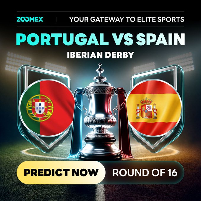 A promotional graphic for Zoomex featuring a "Portugal vs Spain Iberian Derby" Round of 16 matchup, displaying both nations' flags in shield emblems flanking a silver trophy on a stadium field, with "Predict Now" and "50,000 USDT" call-to-action buttons matching the post's BTC voucher and prize pool offer.