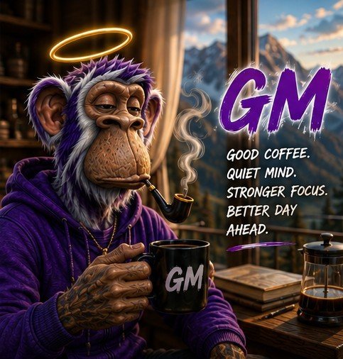An illustrated purple monkey wearing a halo and hoodie smokes a pipe while holding a 'GM' mug, accompanied by the text 'GM Good coffee. Quiet mind. Stronger focus. Better day ahead.'